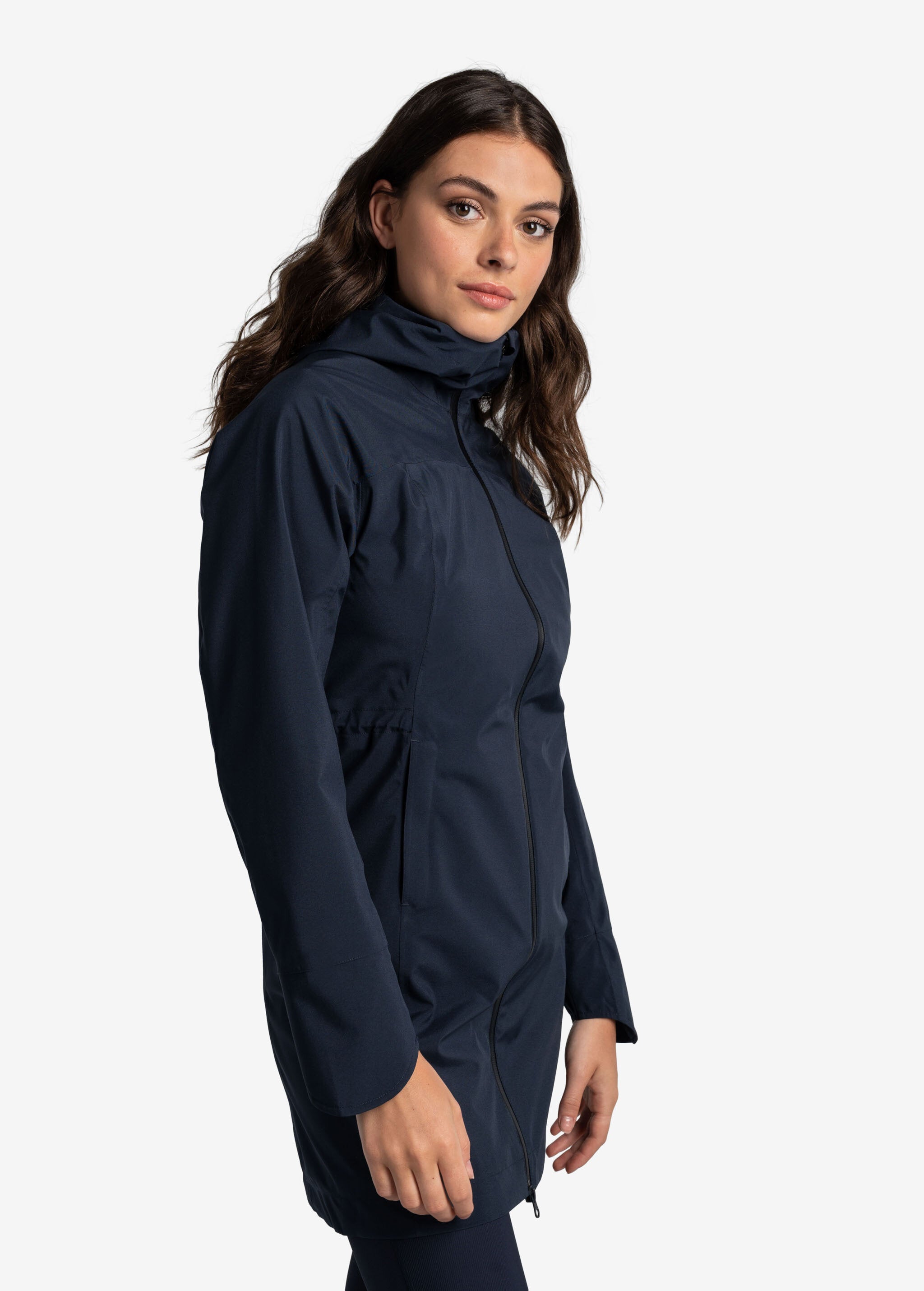 Lolë Element Long Rain Jacket in Outerspace navy — shake off wet weather with this longline rain jacket