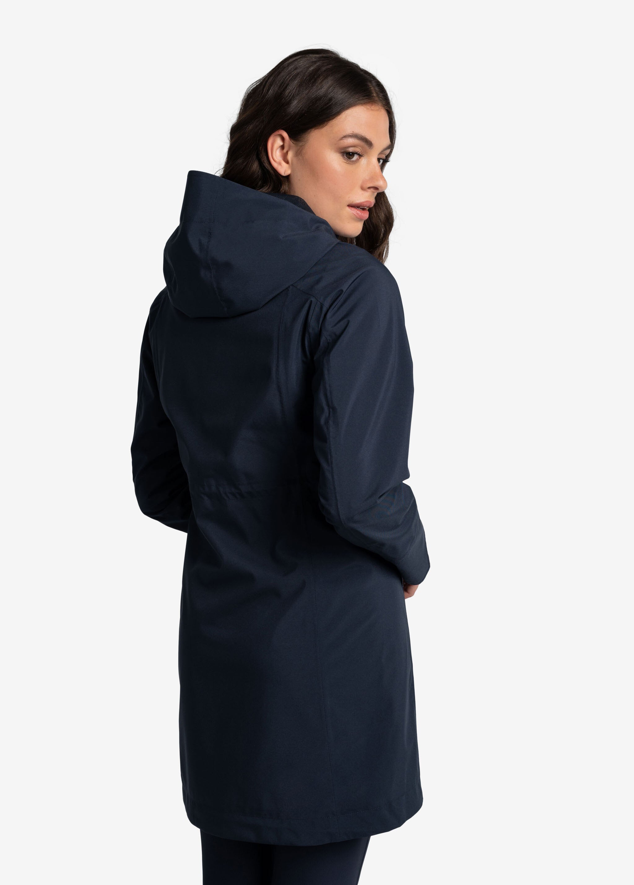 Lolë Element Long Rain Jacket in Outerspace navy — shake off wet weather with this longline rain jacket