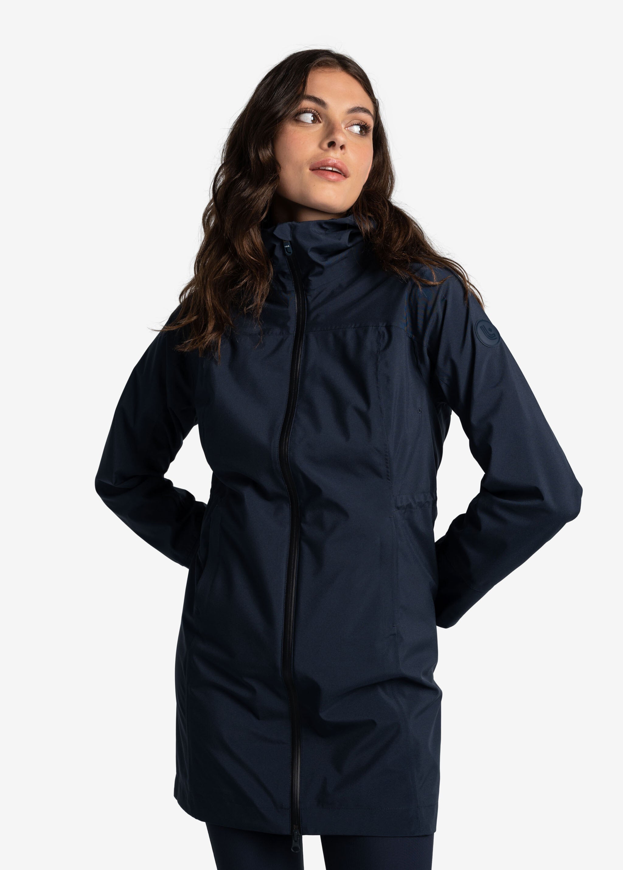 Lolë Element Long Rain Jacket in Outerspace navy — shake off wet weather with this longline rain jacket