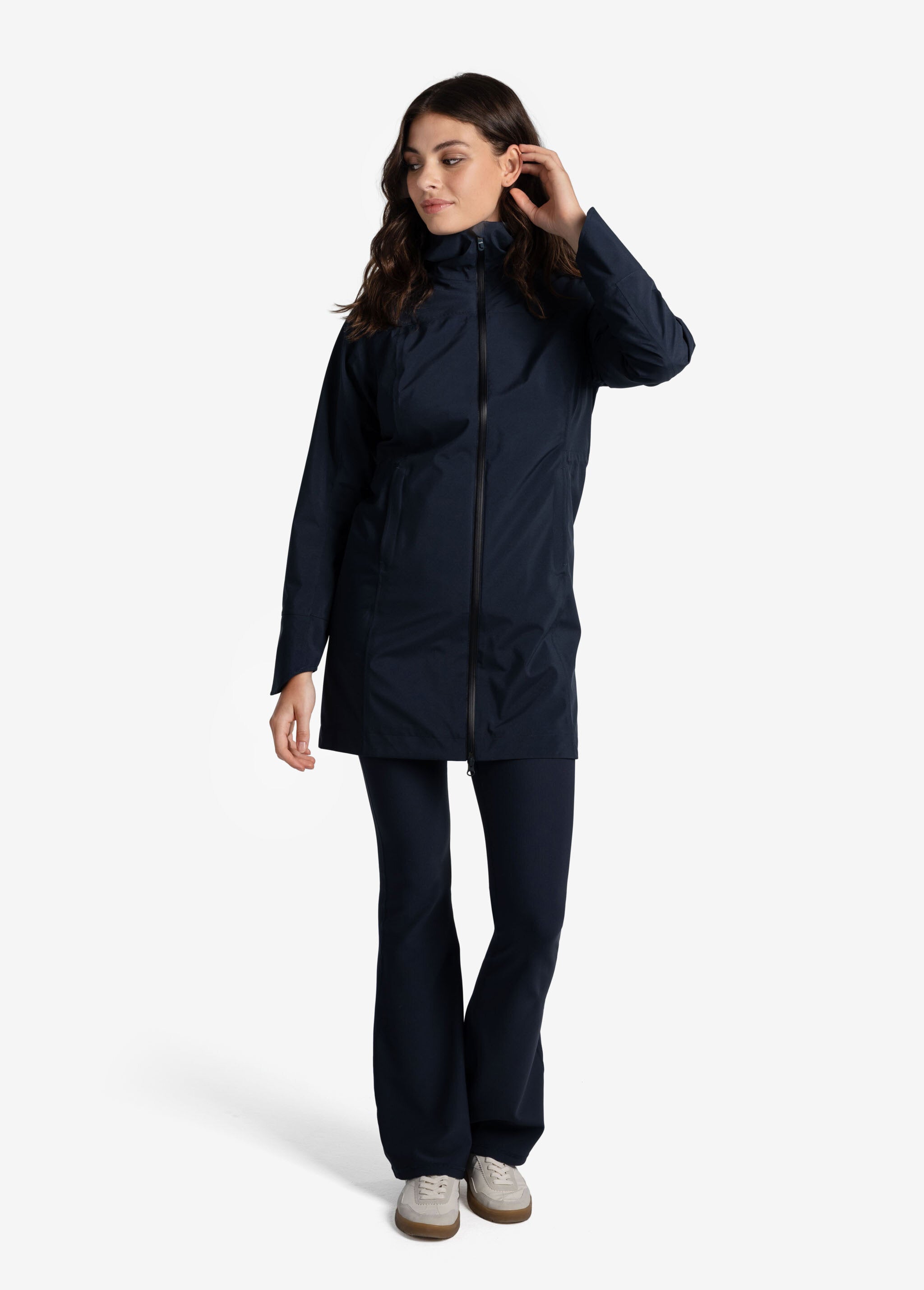 Lolë Element Long Rain Jacket in Outerspace navy — shake off wet weather with this longline rain jacket