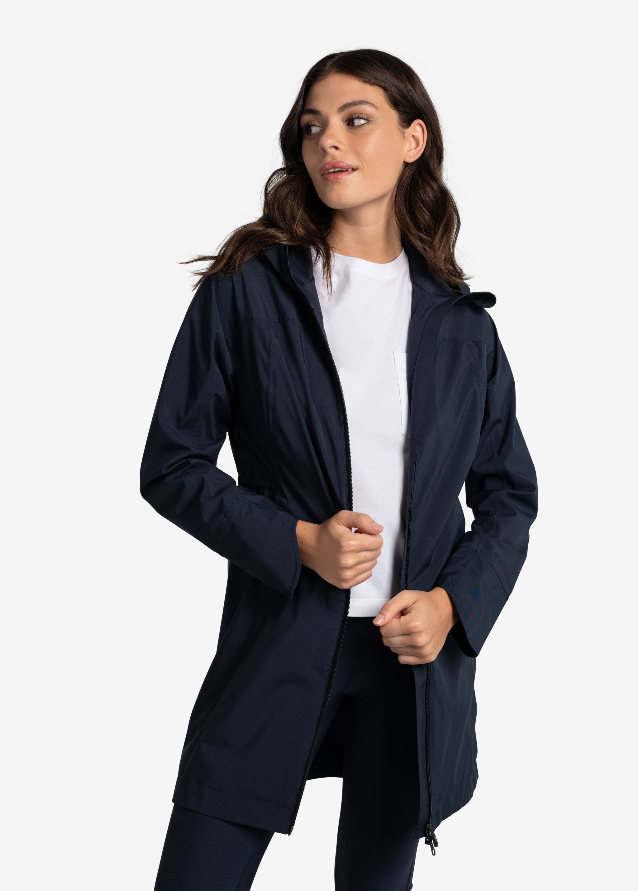Lolë Element Long Rain Jacket in Outerspace navy — shake off wet weather with this longline rain jacket