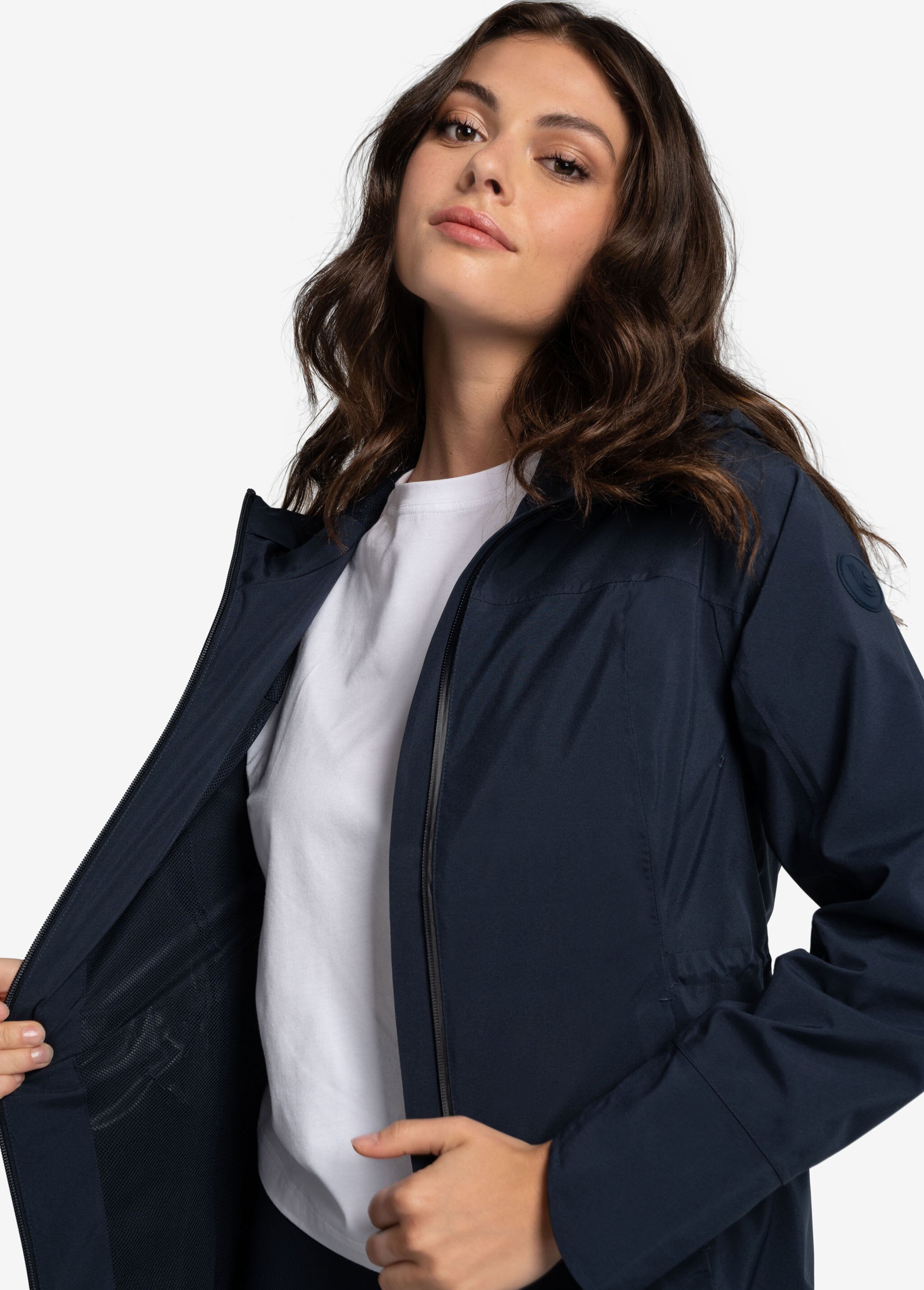 Lolë Element Long Rain Jacket in Outerspace navy — shake off wet weather with this longline rain jacket