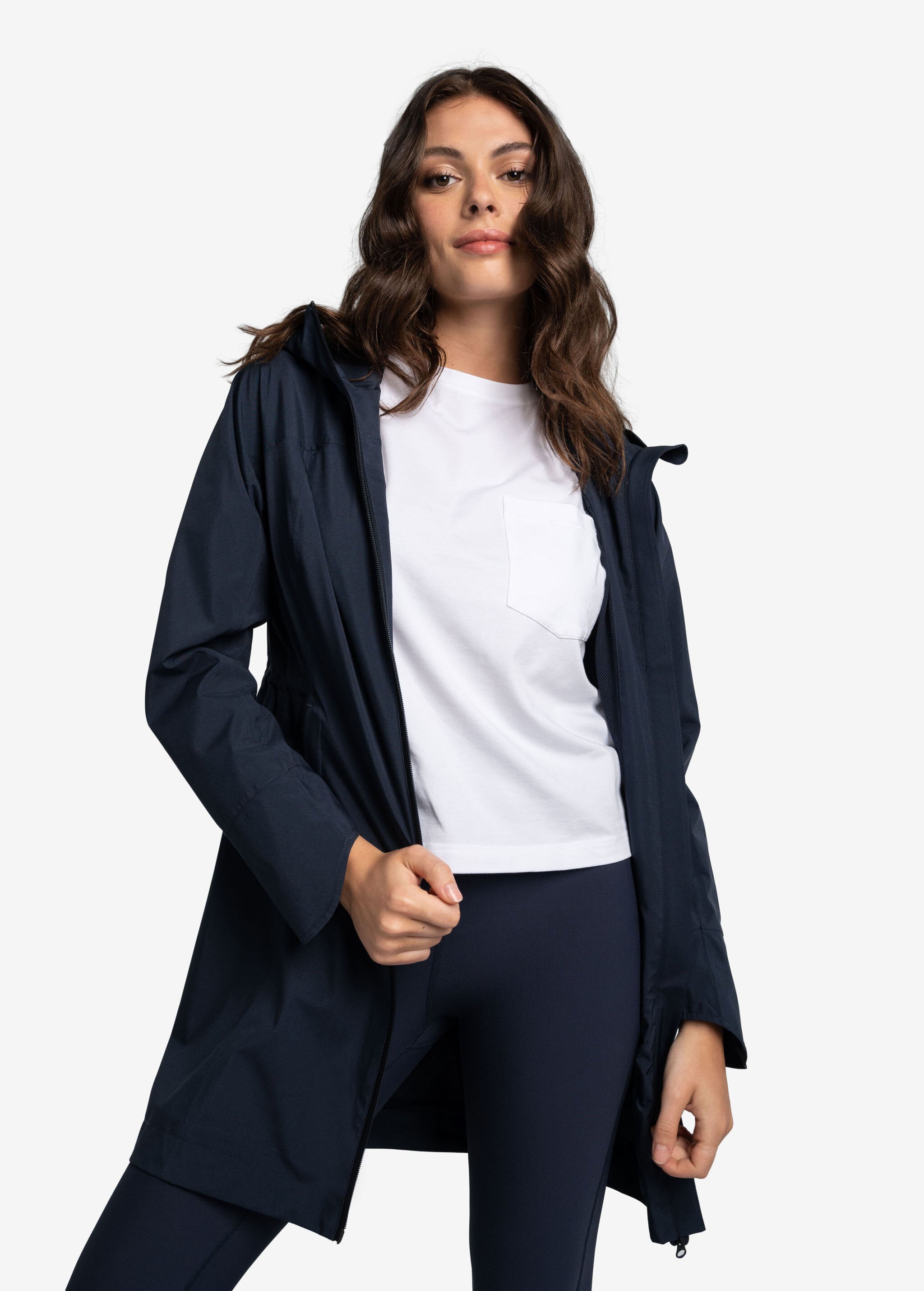 Lolë Element Long Rain Jacket in Outerspace navy — shake off wet weather with this longline rain jacket