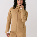 Lolë Element Long Rain Jacket in Carmel tan — shake off wet weather with this longline rain jacket