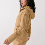 Lolë Element Long Rain Jacket in Carmel tan — shake off wet weather with this longline rain jacket