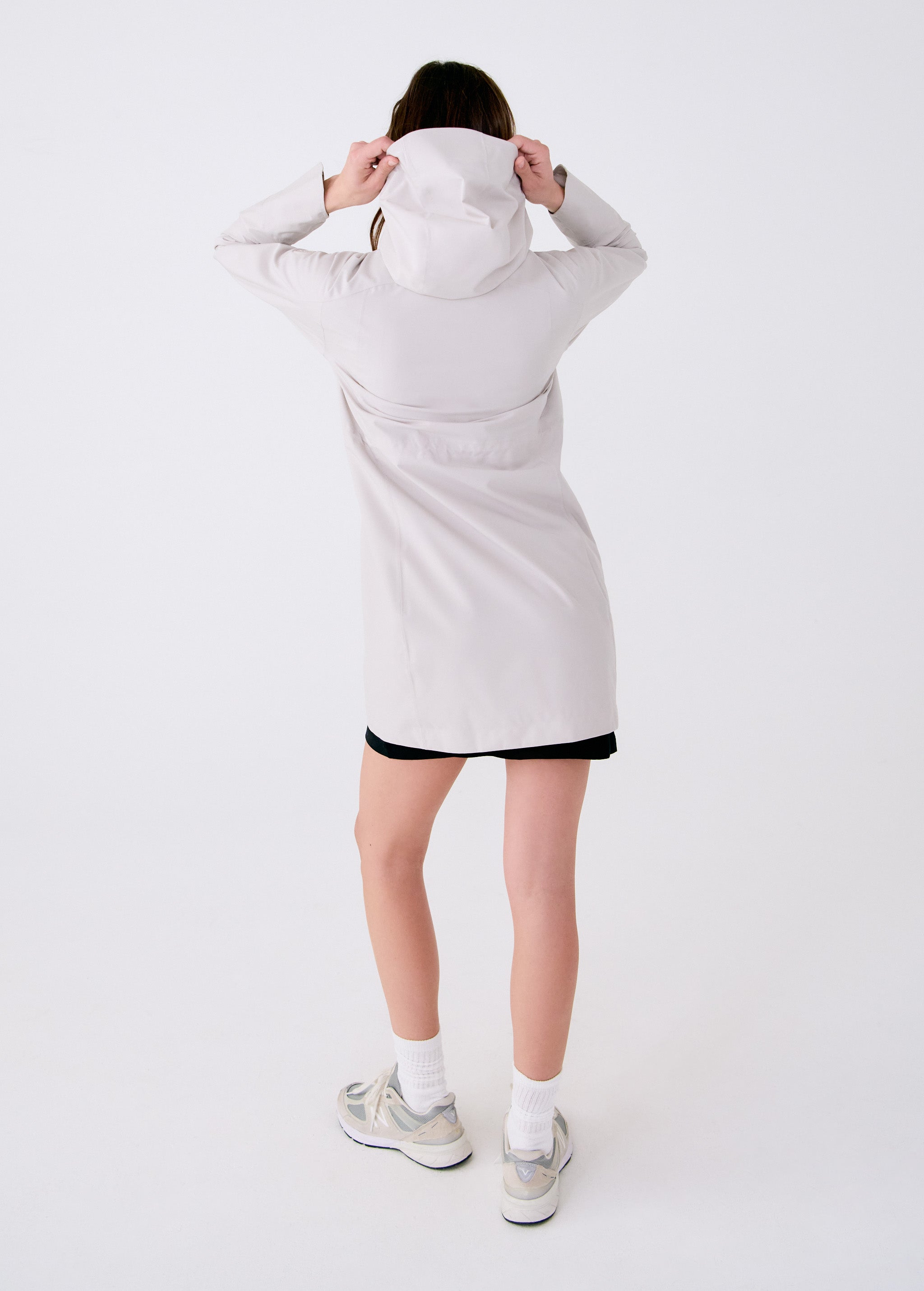Lolë Element Long Rain Jacket in Abalone pale greige — shake off wet weather with this longline rain jacket