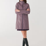 Lolë Element Long Rain Jacket in Twilight mauve taupe — shake off wet weather with this longline rain jacket