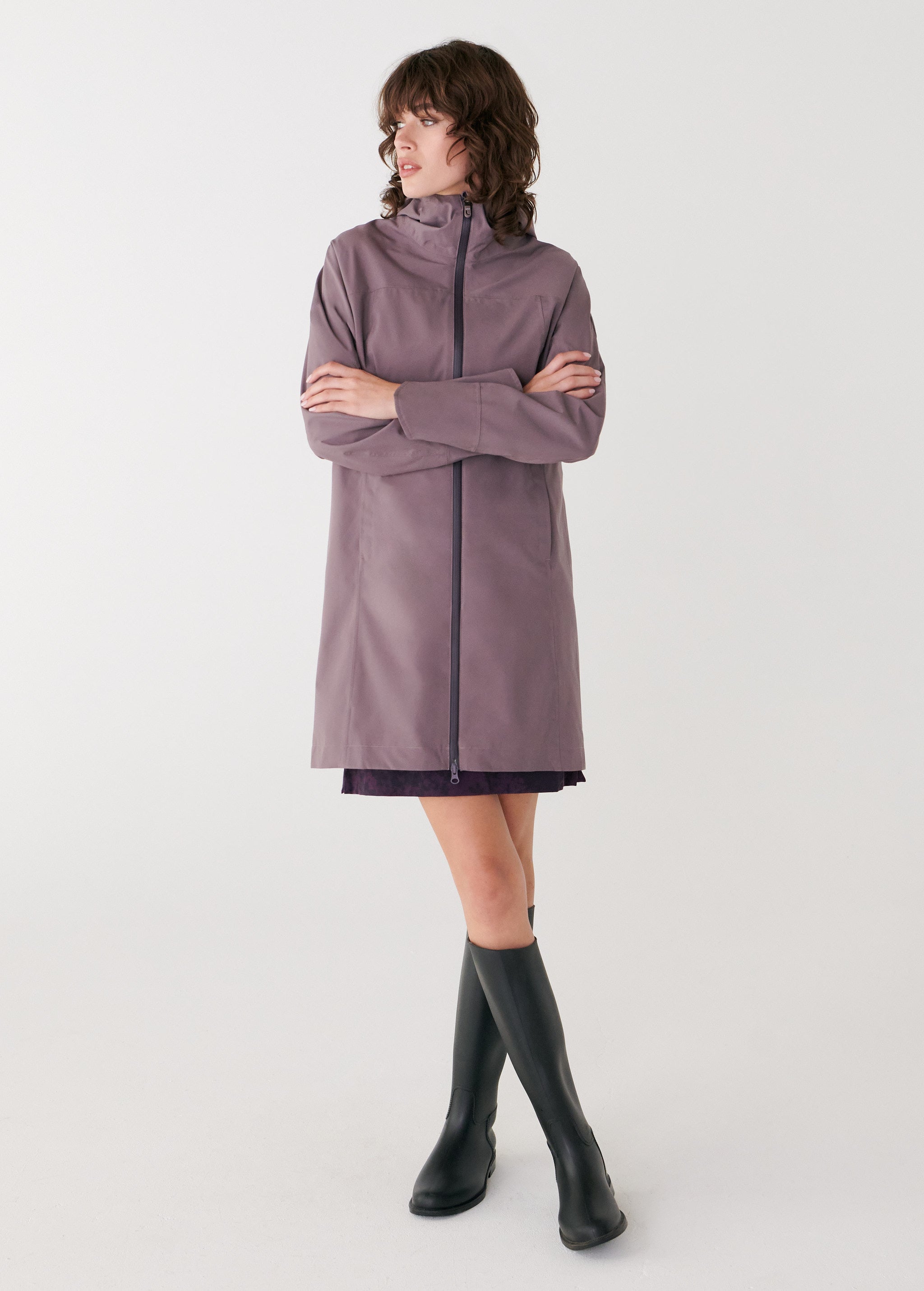Lolë Element Long Rain Jacket in Twilight mauve taupe — shake off wet weather with this longline rain jacket