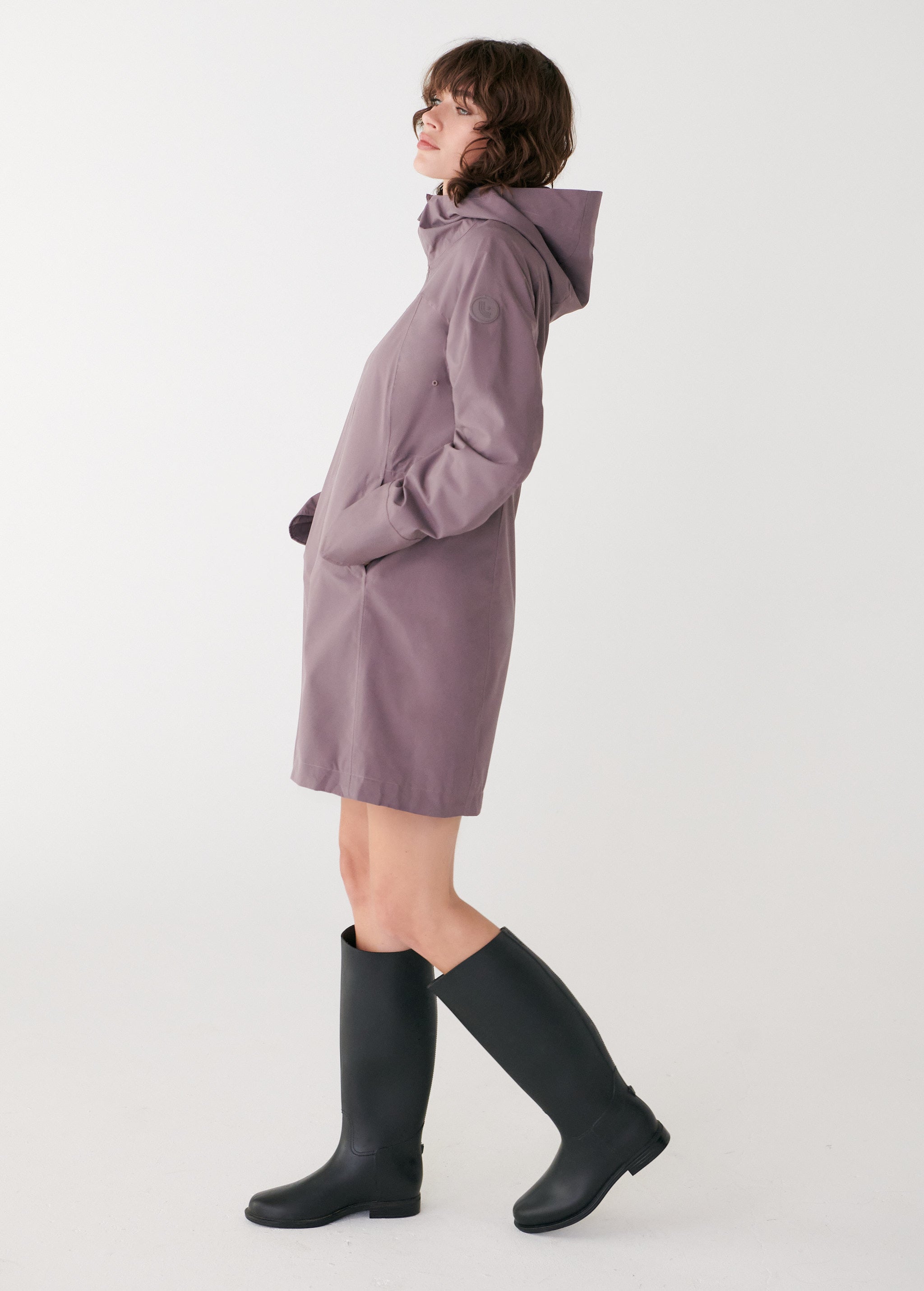 Lolë Element Long Rain Jacket in Twilight mauve taupe — shake off wet weather with this longline rain jacket