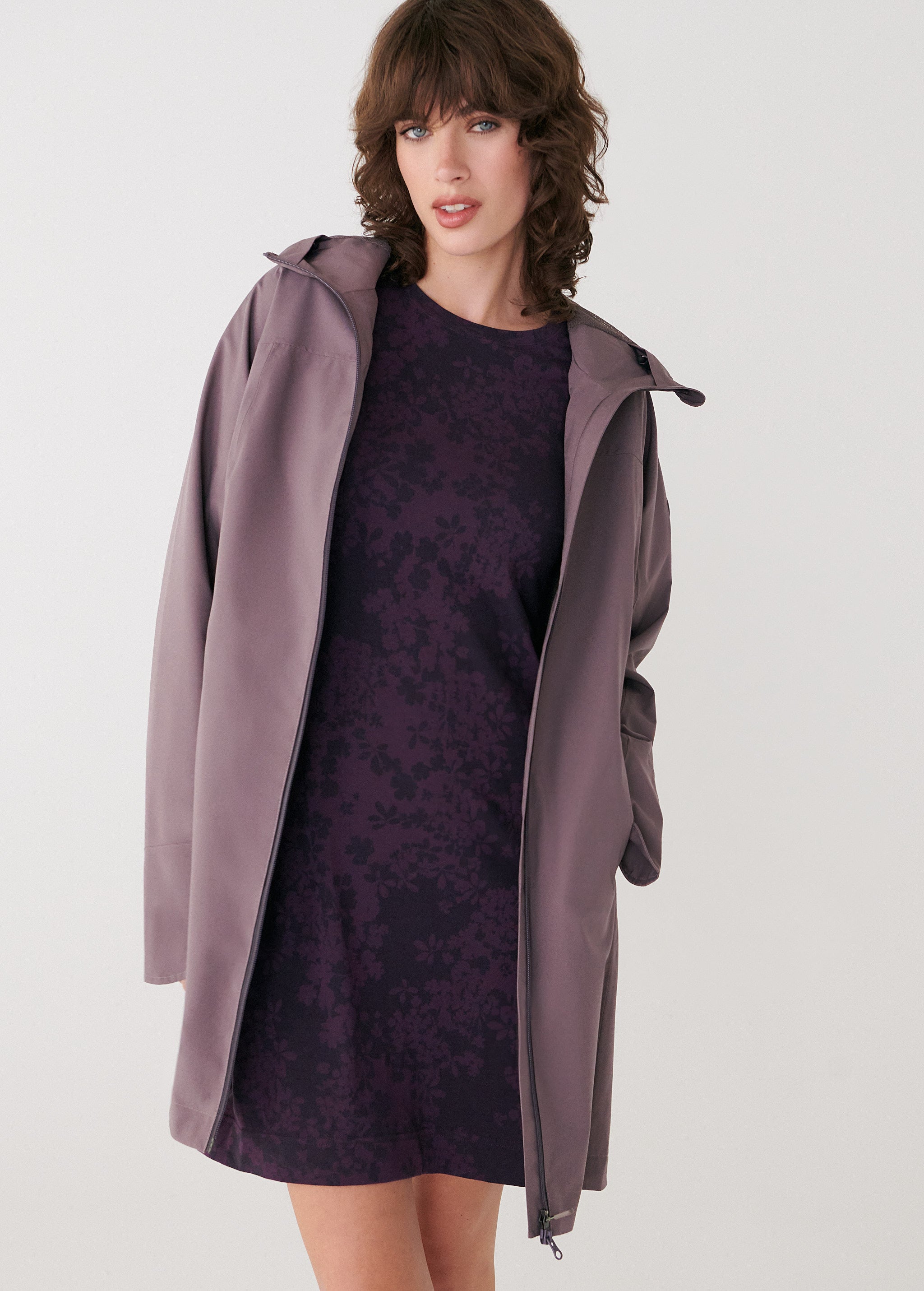 Lolë Element Long Rain Jacket in Twilight mauve taupe — shake off wet weather with this longline rain jacket