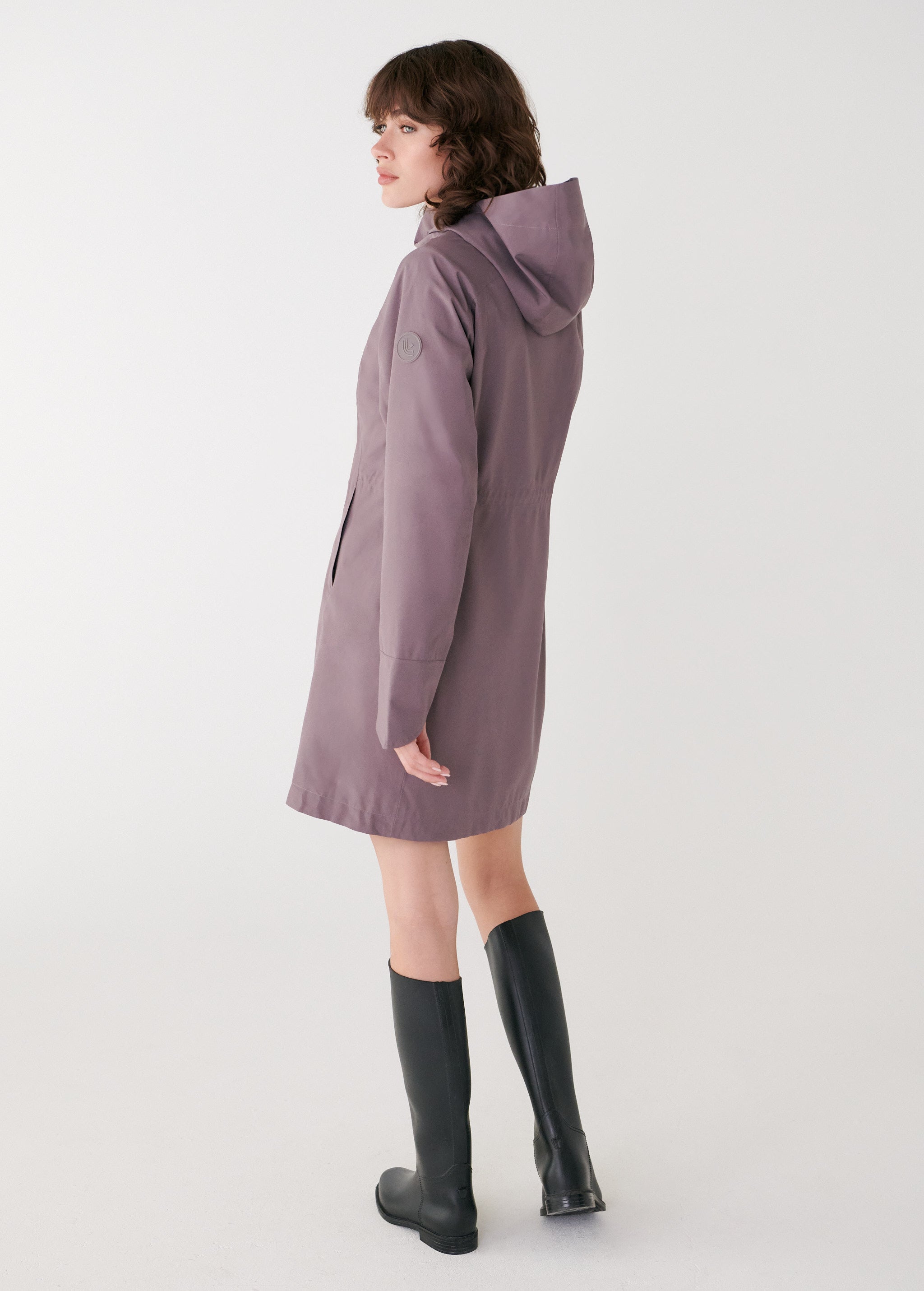 Lolë Element Long Rain Jacket in Twilight mauve taupe — shake off wet weather with this longline rain jacket