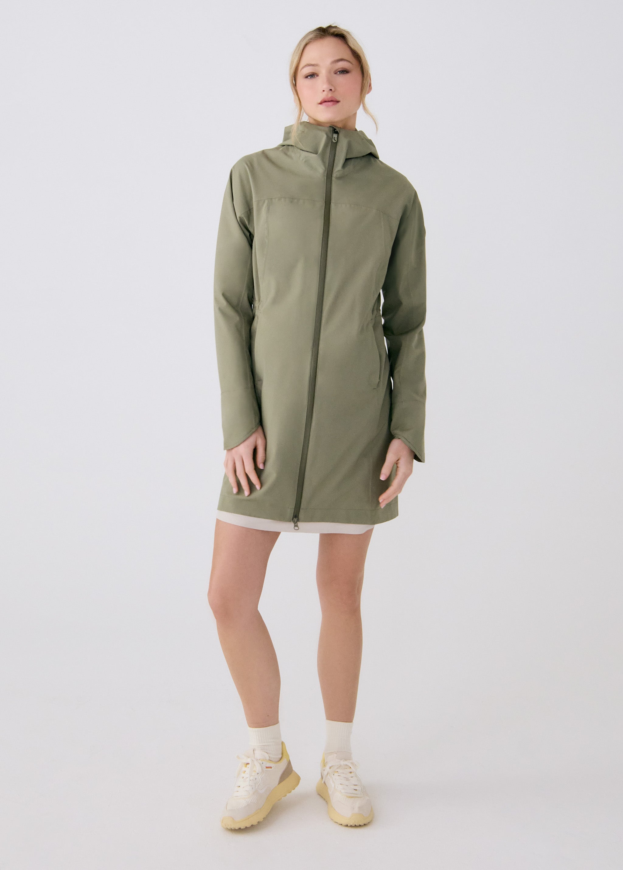 Lolë Element Long Rain Jacket in Hazel sage green — shake off wet weather with this longline rain jacket