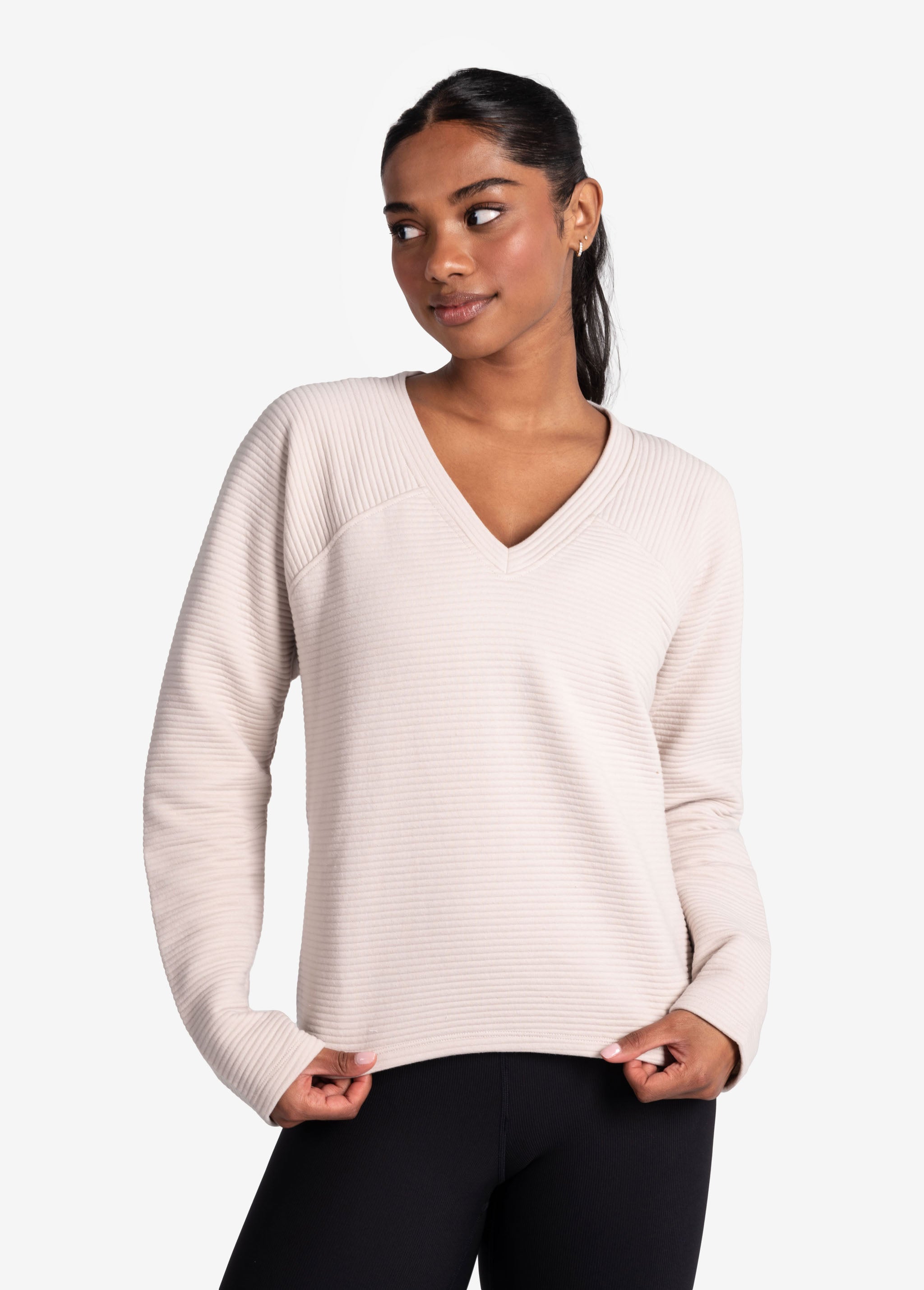 Lolë Ottoman V-Neck Pullover in Abalone pale greige — a modern take on a classic pullover you can dress up or down
