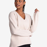 Lolë Ottoman V-Neck Pullover in Abalone pale greige — a modern take on a classic pullover you can dress up or down