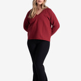 Lolë Ottoman V-Neck Pullover in Merlot dark red — a modern take on a classic pullover you can dress up or down
